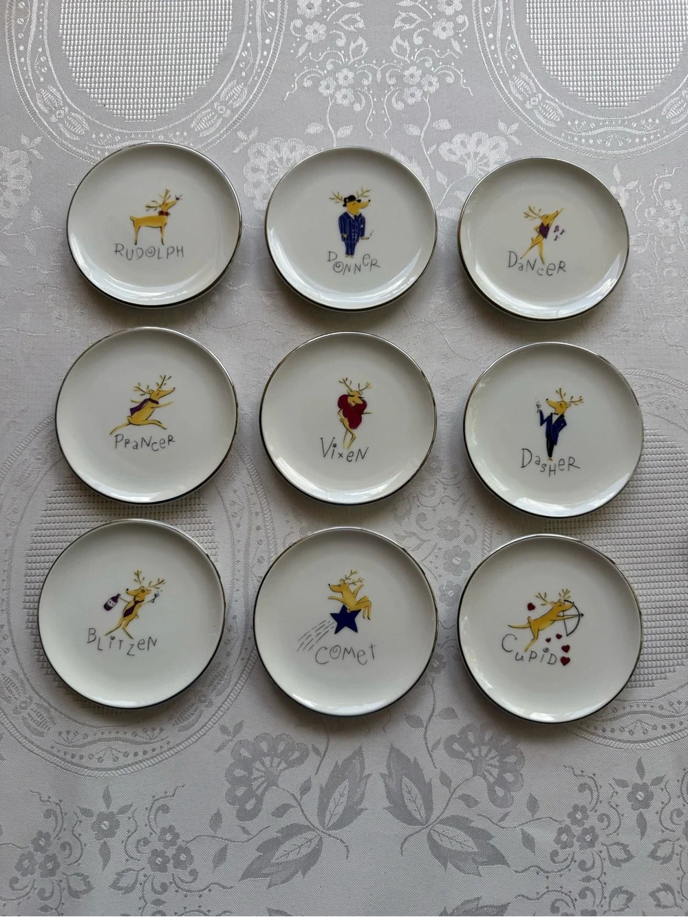 Pottery Barn White Reindeer Complete Set Of 9 Coasters Accent Plates Multicolor